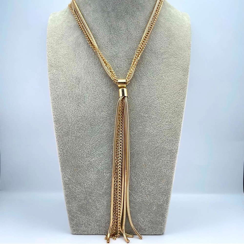 INC Gold Tone Multi-Strand Chain Tassel Necklace NWT 31” Long